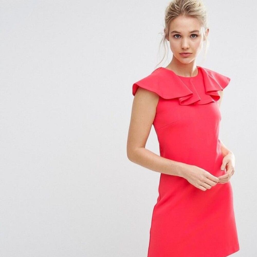 Ted Baker Women's Sontie‎ Pink Coral Shift Dress Ruffle Back Zip Size 8 NEW